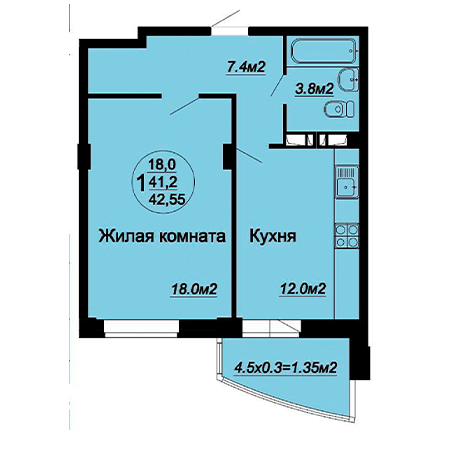 1 комнатная 42.55м²