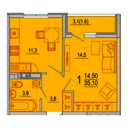 1 комнатная 35.1м²