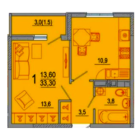 1 комнатная 33.3м²