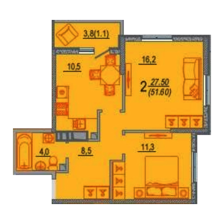 2 комнатная 51.6м²