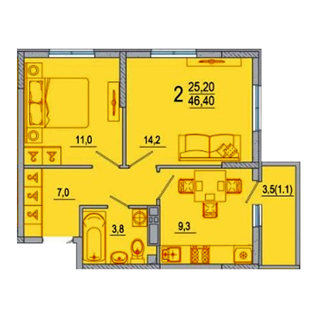 2 комнатная 46.4м²