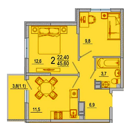 2 комнатная 45.6м²