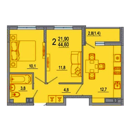 2 комнатная 44.6м²