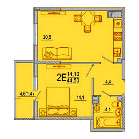 2 комнатная 44.5м²