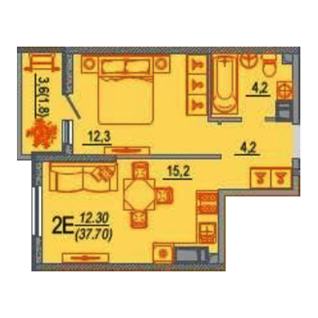 1 комнатная 37.7м²