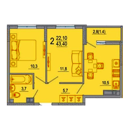 2 комнатная 43.4м²