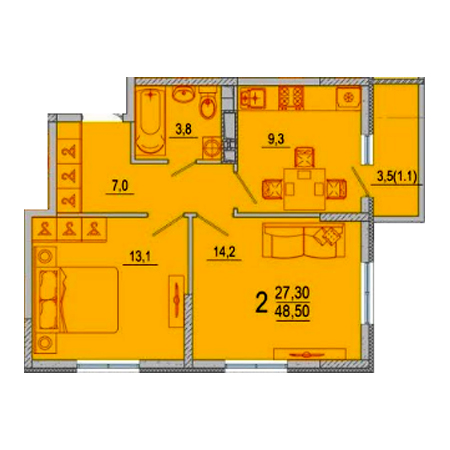 2 комнатная 48.5м²