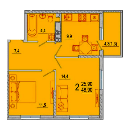 2 комнатная 48.9м²