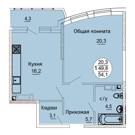 1 комнатная 54.1м²