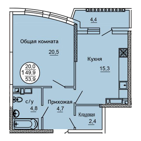 1 комнатная 53.9м²