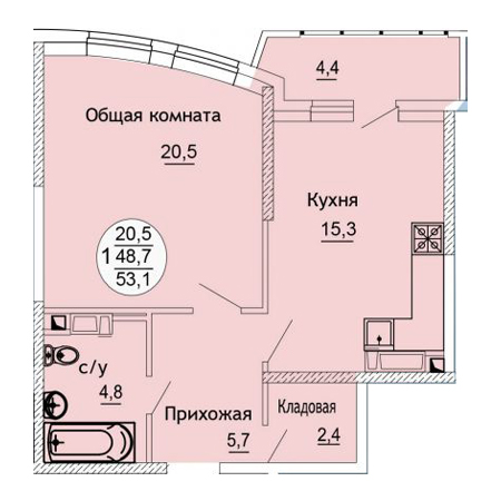 1 комнатная 53.1м²