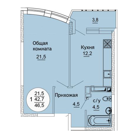 1 комнатная 44.5м²