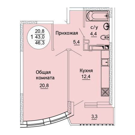 1 комнатная 46.3м²