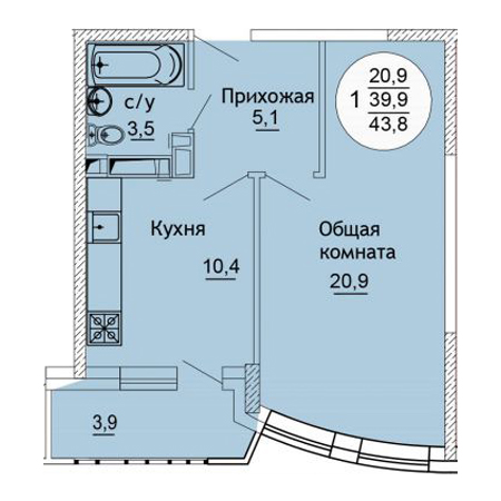 1 комнатная 43.8м²