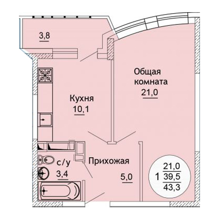 1 комнатная 43.3м²