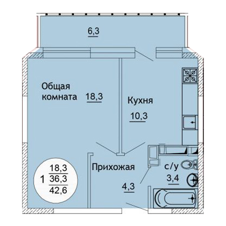 1 комнатная 42.6м²