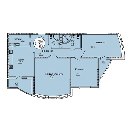 3 комнатная 118.6м²