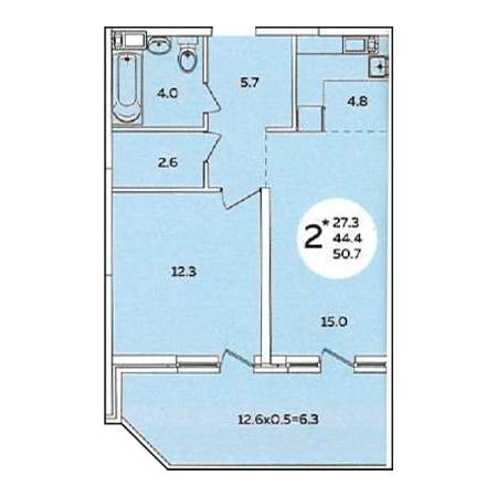 1 комнатная 50.7м²