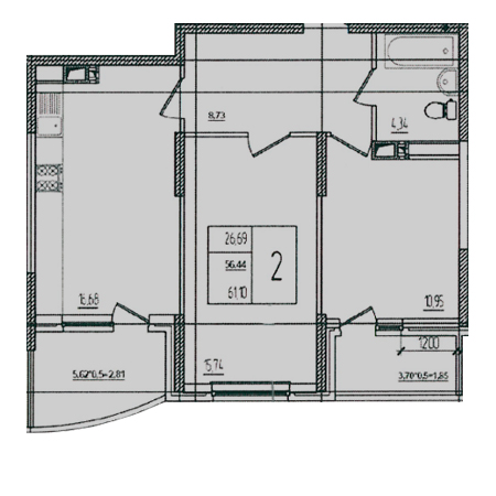 2 комнатная 61.1м²