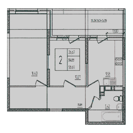 2 комнатная 58.69м²