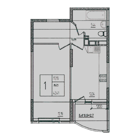 1 комнатная 43.41м²