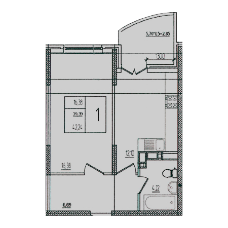 1 комнатная 42.24м²