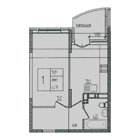 1 комнатная 40.79м²