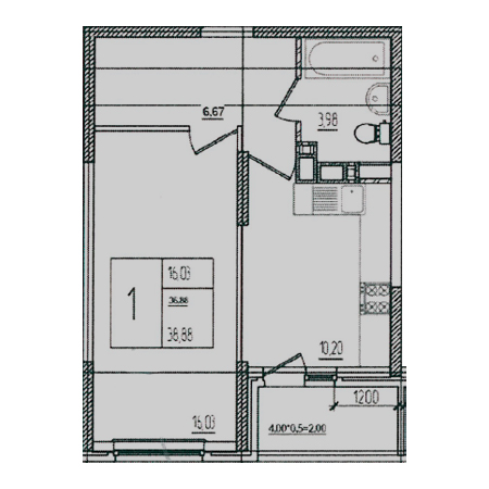 1 комнатная 38.88м²