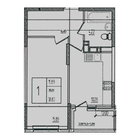 1 комнатная 38.83м²