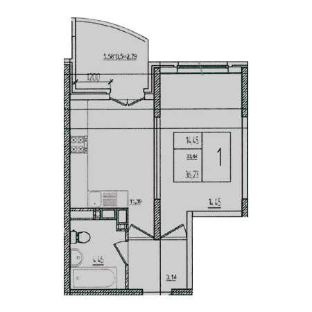 1 комнатная 36.23м²