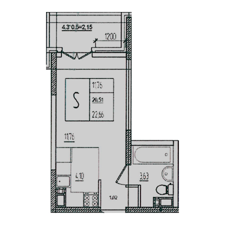 Студия 22.66м²