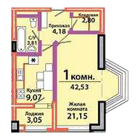 1 комнатная 42.53м²