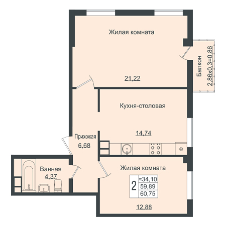 2 комнатная 60.75м²