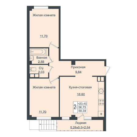 2 комнатная 59.39м²