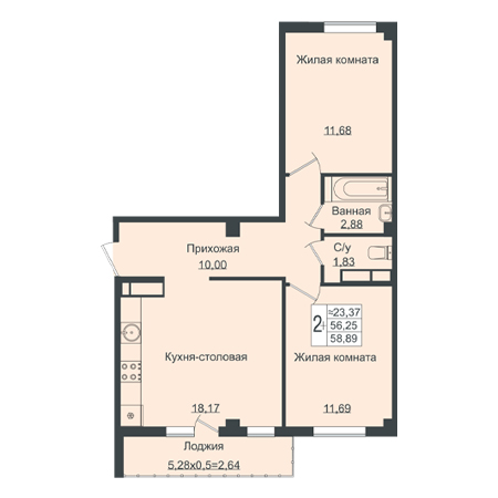 2 комнатная 58.89м²