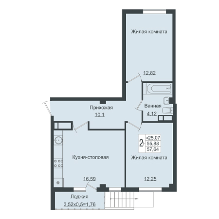 2 комнатная 57.64м²