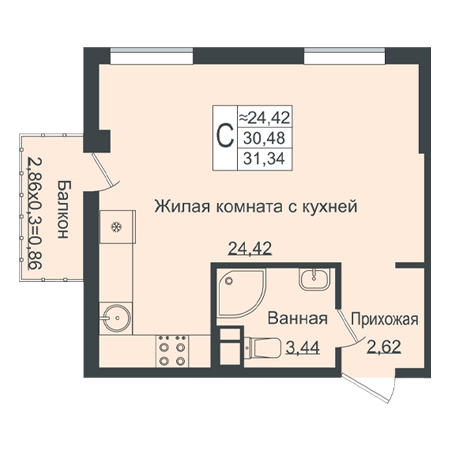 Студия 31.34м²