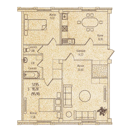 3 комнатная 95.91м²