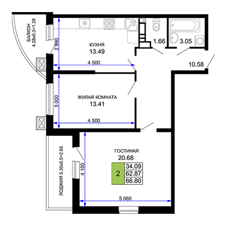 2 комнатная 66.8м²