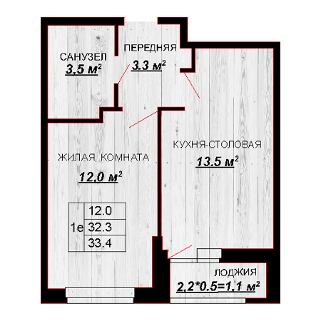 1 комнатная 33.4м²