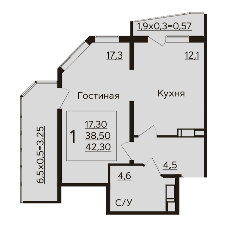 1 комнатная 42.3м²