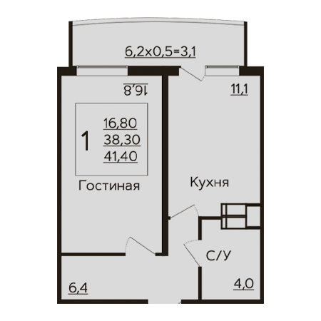 1 комнатная 41.4м²