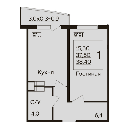 1 комнатная 38.4м²