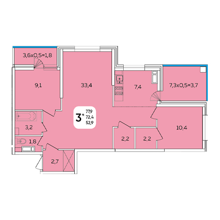 3 комнатная 77.9м²