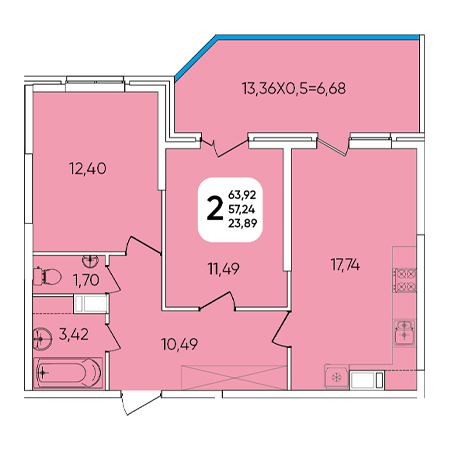 2 комнатная 63.92м²