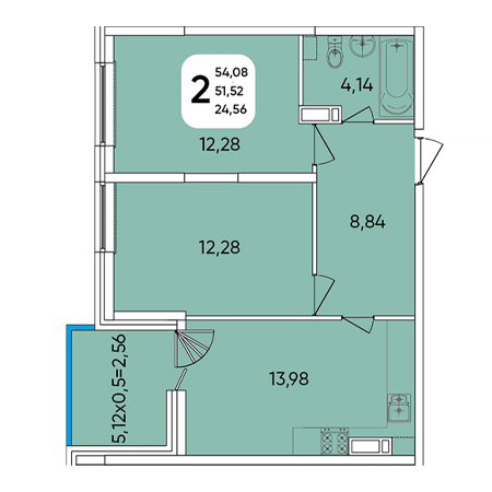 2 комнатная 54.08м²