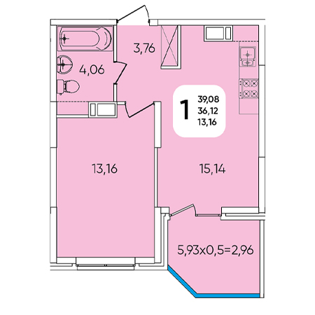 1 комнатная 39.08м²