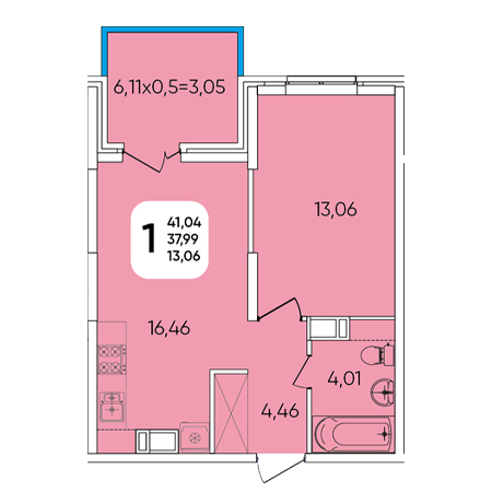 1 комнатная 44.04м²