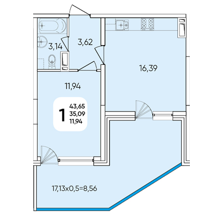 1 комнатная 43.65м²