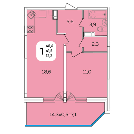 1 комнатная 48.6м²